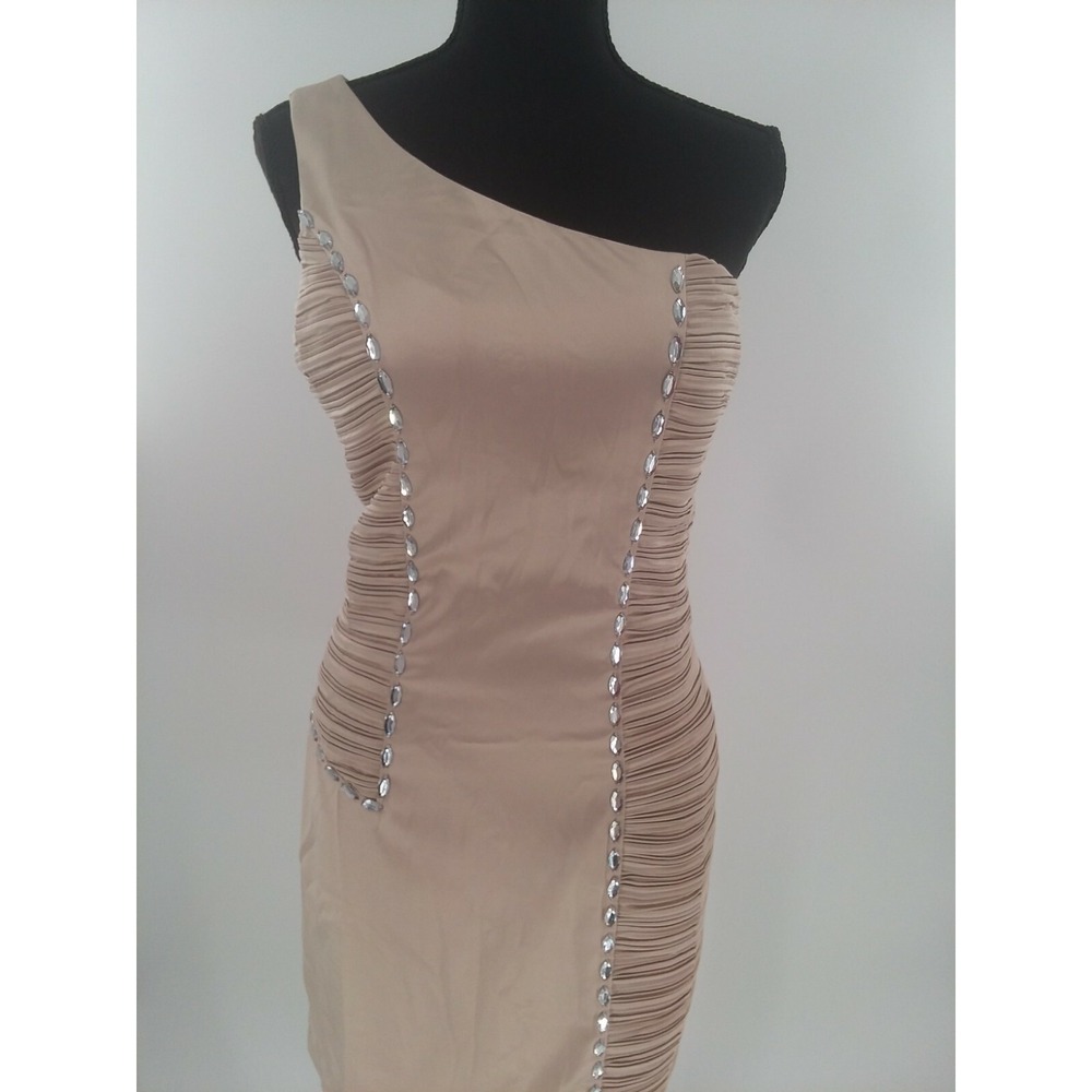 Vertty Formal One Shoulder Champagne Dress with Rhinestones S or L Jr. NWT
